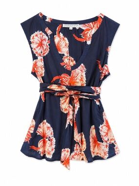 Jennifer Reale Design Navy Red Floral Tie Waist Peasant Top Blouse Size 8 USA
